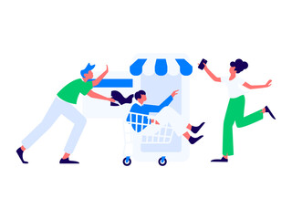 Holiday shopping people doing e-commerce online shopping flat vector concept operation hand drawn illustration
