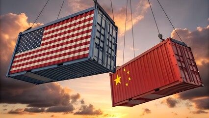 Suspended USA and China shipping containers at sunset, symbolizing global trade tensions, economic disputes and the complex relationships between two major international powers