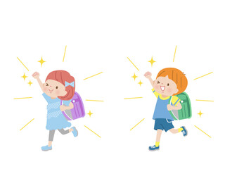 ランドセルを背負ってガッツポーズする子供