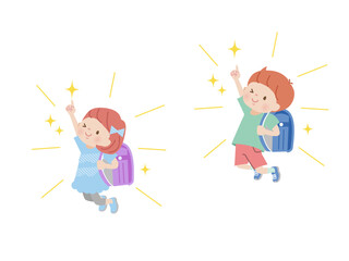 ランドセルを背負ってジャンプする子ども達