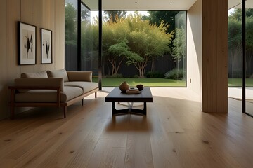 Fototapeta premium Elegant Wooden Furniture and Soft Lighting to Enhance Minimalist Room’s Peaceful Ambiance