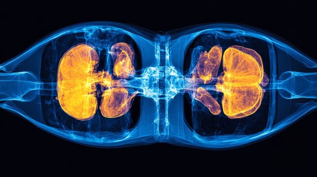 A nuclear medicine scan highlighting radioactive tracer distribution in the body 
