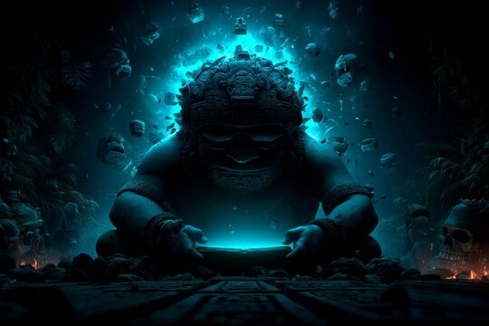 Itzamn&aacute; sitting on a glowing throne in a mystical temple surrounded by nature