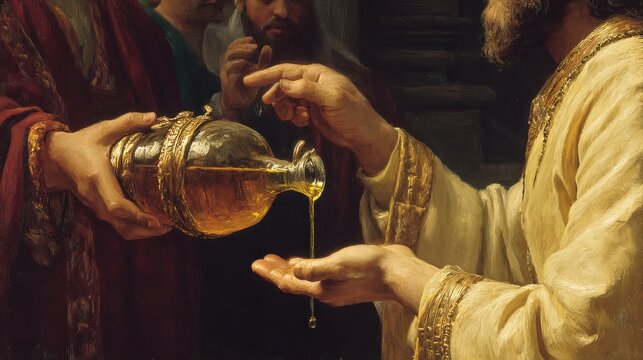 Pouring oil from an ornate vessel onto a hand in a religious or ceremonial setting with onlookers present