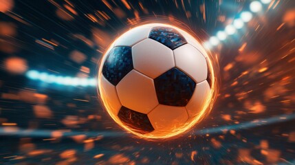 Fototapeta premium Glowing soccer ball in midair futuristic stadium digital art dynamic environment eye-level view sports concept