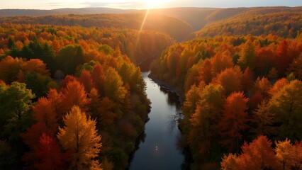 Autumn Scenery: Aerial View of River Valley Through Colorful Forest at Sunset, Appalachian Landscape