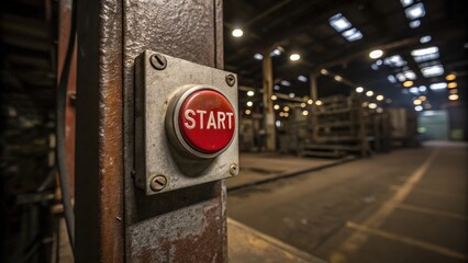 Industrial Start Button in Abandoned Factory Showing Dusty Environment and Soft Lighting Effects