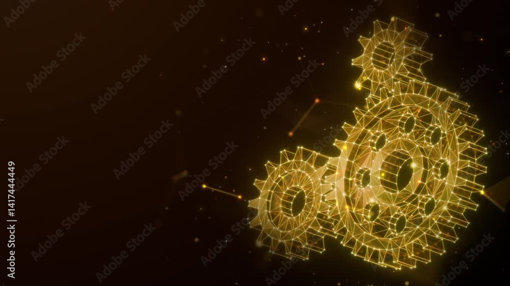 Poster low poly golden gears spinning together abstract animation loop. synergy partnership, corporate coll