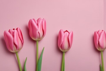 three pink tulips are lined up against a pink background
