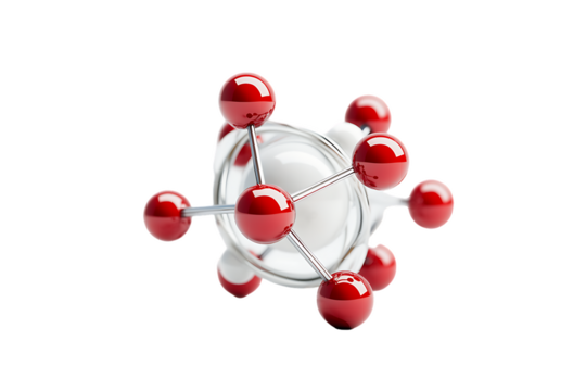 Red Spheres Connected by Silver Bars Around White Sphere, Isolated.