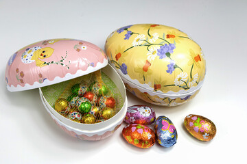 Easter chocolate eggs in egg shaped box