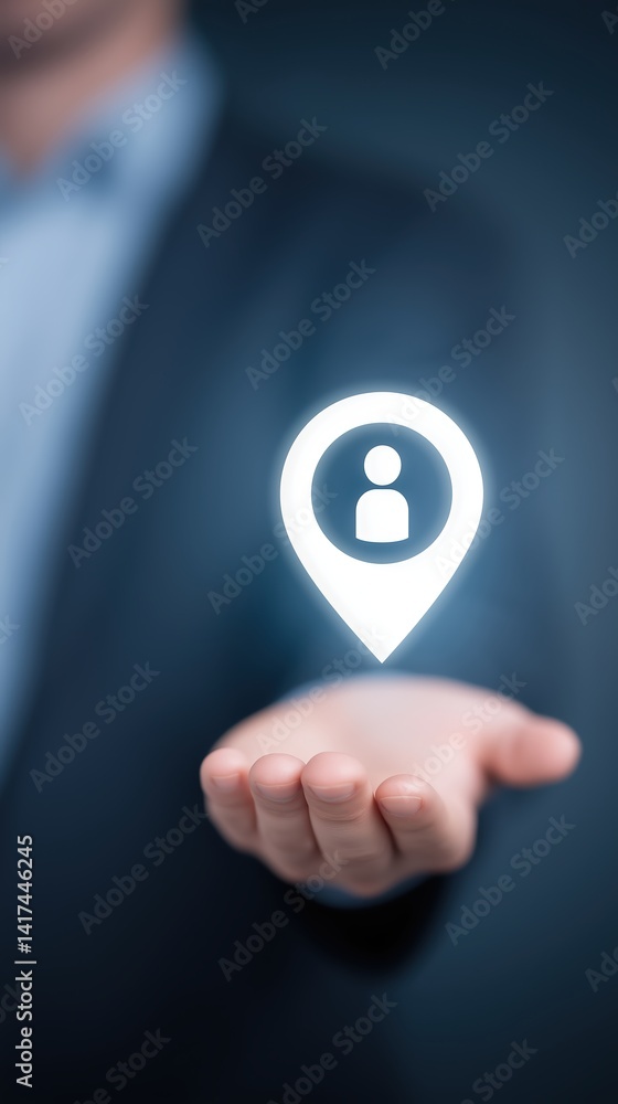Poster businessman holding a location pin symbolizing user profile management and digital identity in a mod