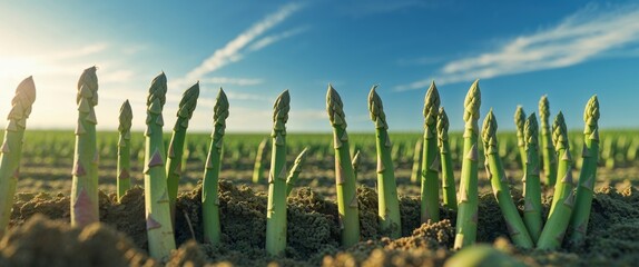 Fototapeta premium Vast Asparagus Field Filled With Young Green Shoots Under a Bright Sunny Sky