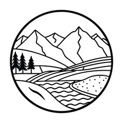 Black and White Illustration of Mountains, Forest, and River Scenery
