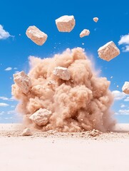 Desert explosion with rocks flying.