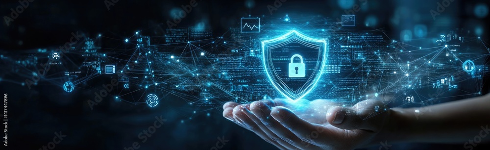 Poster shield with lock hologram on human hands showing data network security