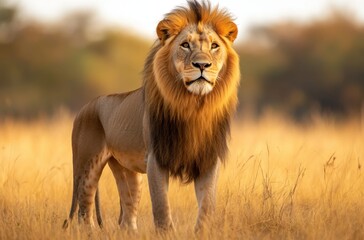 Obraz premium A majestic lion standing proudly in the golden savanna,