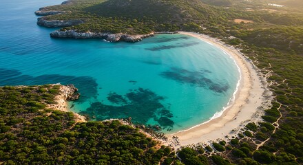 Aerial View of Turquoise Bay with Sandy Beach and Lush Green Vegetation