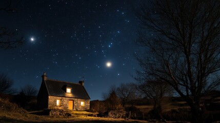 Charming rural cottage illuminated under a breathtaking celestial expanse during night