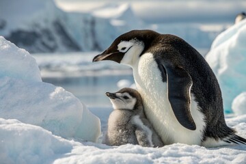 Fototapeta premium Adorable Penguin Chick Cuddles Close to its Parent in Antarctica