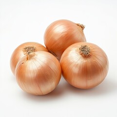 Three golden onions on white background