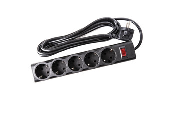 Modern black electrical filter with socket connectors on white background, isolate.