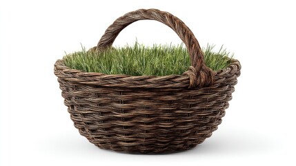 Obraz premium Woven Basket Overflowing with Fresh Green Grass, Isolated on White, Minimalist Spring Concept.