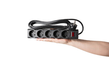 Modern black electrical filter with socket connectors on white background, on hand, insulator,...