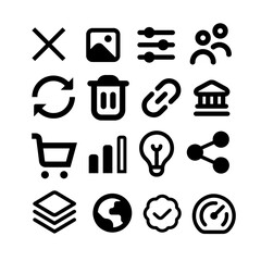 A collection of 16 modern and minimalistic black UI icons on a white background. This icon set includes commonly used symbols such as delete, refresh, share, shopping cart, globe, chart, settings, use