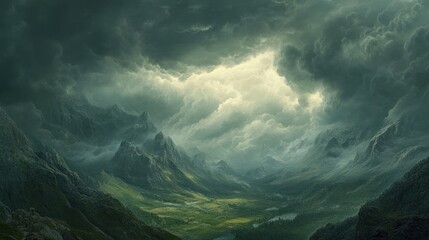 Dramatic mountain valley landscape with stormy clouds and a burst of sunlight