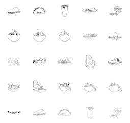 A collection of black and white sketch illustrations depicting various Mexican food items including quesadillas, tacos, burritos, bowls of guacamole, chili peppers, avocados, and other ingredients