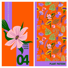 Editable poster of primitive, whimsical plants in folk style. Abstract flowers and leaves in bright, saturated colors for branding, printing, advertising. Digital illustration in modern flat style