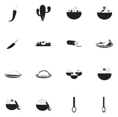 A collection of sixteen black and white food icons in silhouette style, showcasing various elements related to Mexican cuisine, including chili peppers