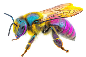 Iridescent, rainbow bee isolated on PNG transparent background, cut out