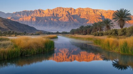 Serene sunrise over a tranquil oasis, reflecting majestic mountains in calm waters
