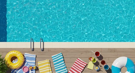 Relaxing by the Swimming Pool Top View with Refreshments and Summer Accessories