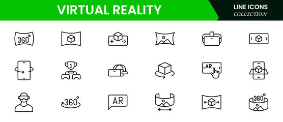Virtual reality icon set. It contains VR, augmented reality, headset, immersive, mixed reality, AR, 360-degree, and more. Solid vector icons collection.