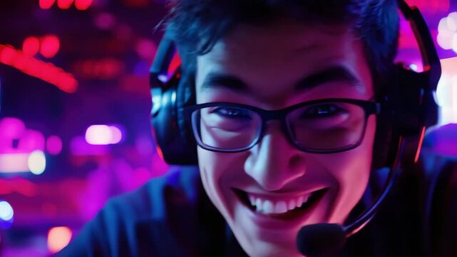 Gamer guy with headset on his head laughs into microphone