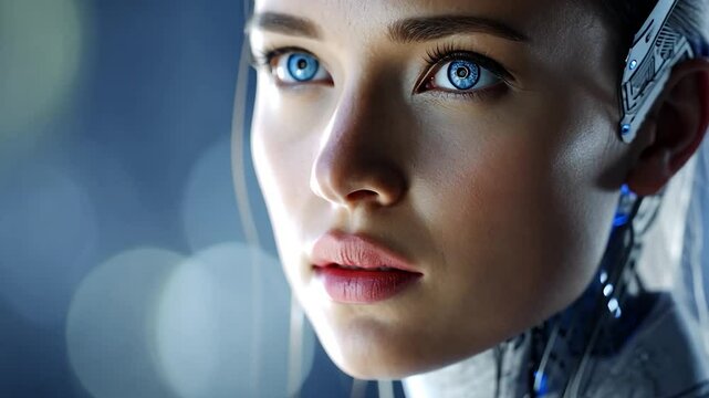 Female android with striking blue eyes. Cybernetic enhancements visible
