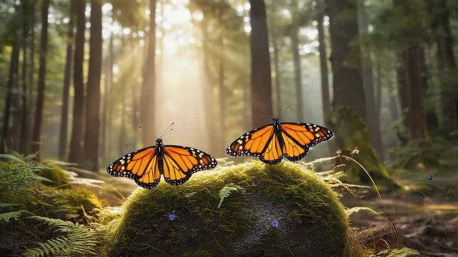 Two monarch butterflies on a mossy stone in a sunlit forest.