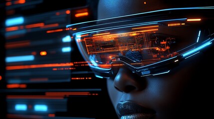 A futuristic woman wearing augmented reality glasses examining data