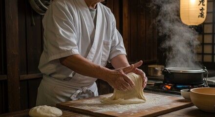 Sushi chef kneading dough in a traditional kitchen setting  