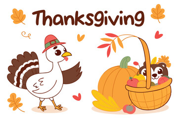 45 Thanksgiving illustration, colorful cartoon style, white turkey, pumpkin, basket of harvest vegetables, autumn leaves, festive composition, sticker design, white background, holiday theme, vibrant 