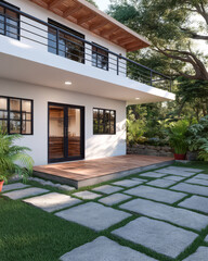 Modern house surrounded by greenery features spacious outdoor area and unique architecture