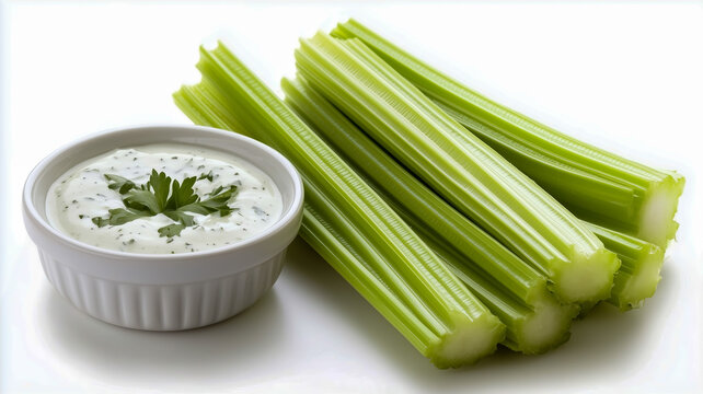 Fresh celery sticks served with creamy dipping sauce in bowl - Powered by Adobe