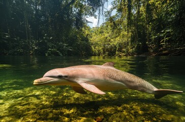 Fototapeta premium A rare Amazonian pink river dolphin swimming in a clear