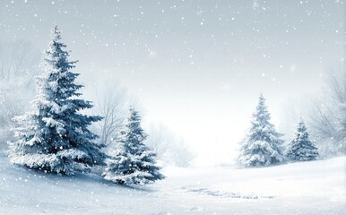 Serene winter landscape: Snow-covered evergreens stand in a peaceful snowy scene. The soft light and falling snow create a magical atmosphere.