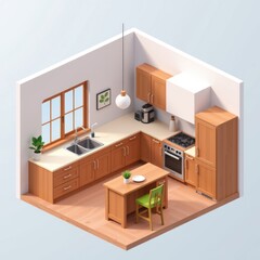 Fototapeta premium Modern Isometric Kitchen Design Wooden Cabinets Appliances Island and Window