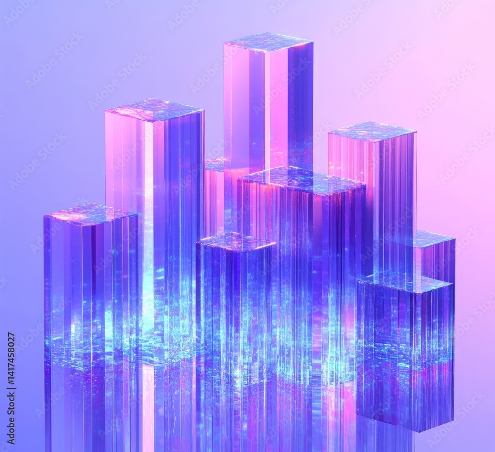 Poster transparent 3d rendered rectangular prisms with iridescent light on purple gradient