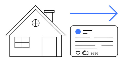Simplistic house icon next to a social media post with thumbs ups and shares, connected by an arrow. Ideal for real estate marketing, property promotion, digital strategy, social engagement, online
